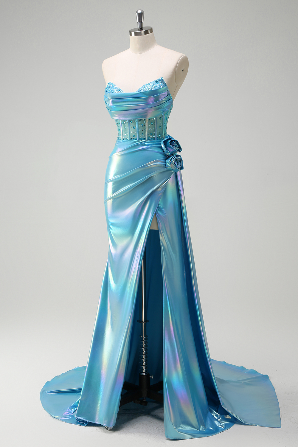 Metallic White Beaded Mermaid Corset Prom Dress with Strapless Cape