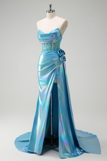 Metallic White Beaded Mermaid Corset Prom Dress with Strapless Cape