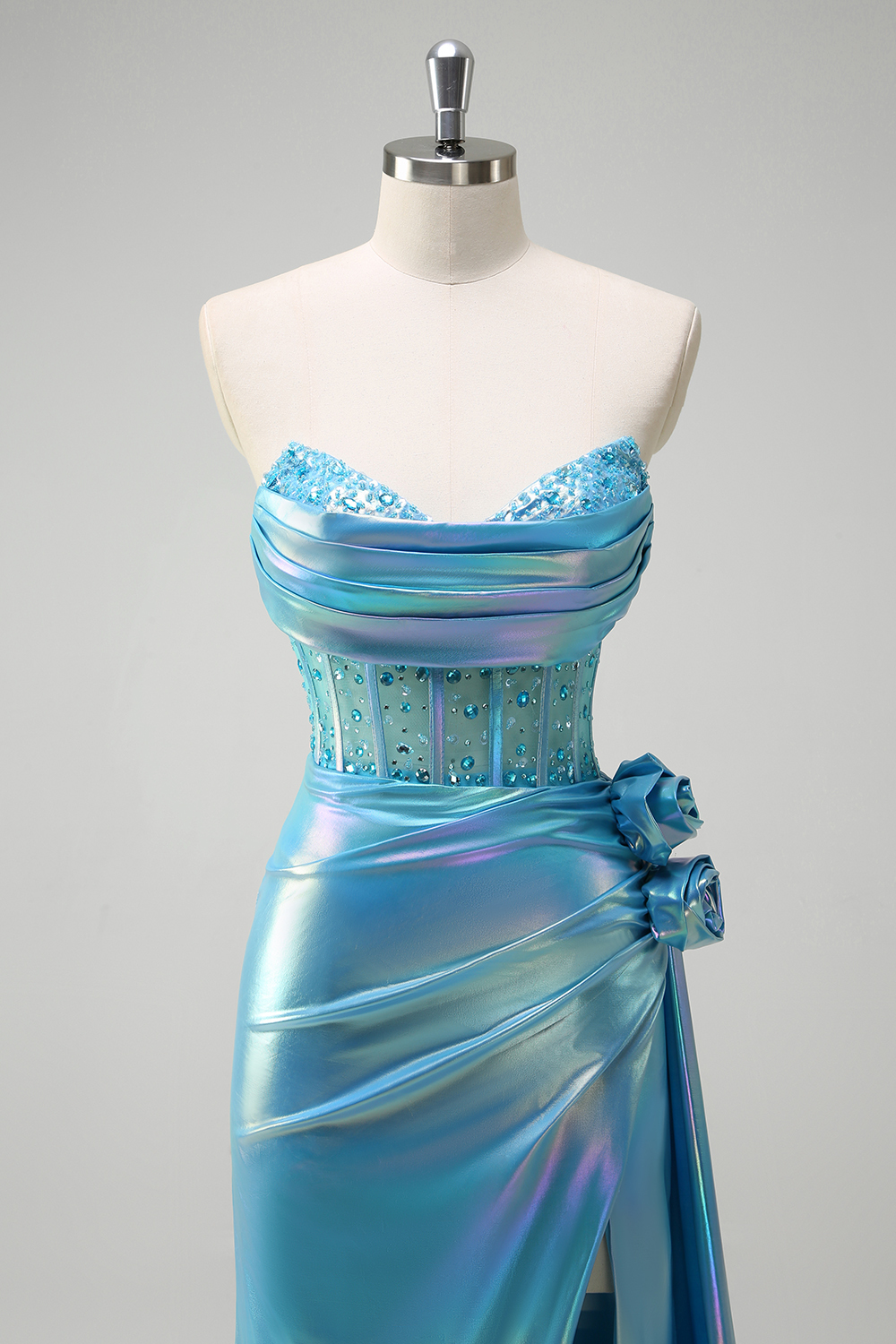 Metallic White Beaded Mermaid Corset Prom Dress with Strapless Cape