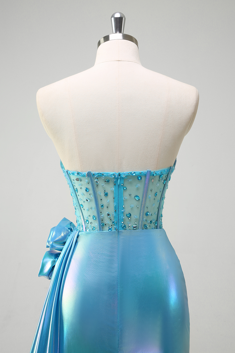 Metallic White Beaded Mermaid Corset Prom Dress with Strapless Cape