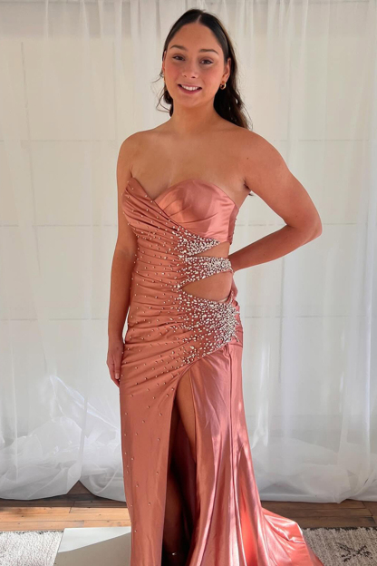 Long Black Prom Dress with Beaded Cut Outs and Slit