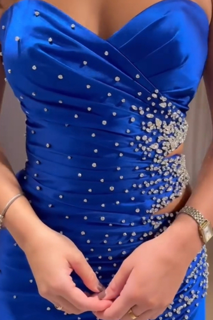 Long Black Prom Dress with Beaded Cut Outs and Slit