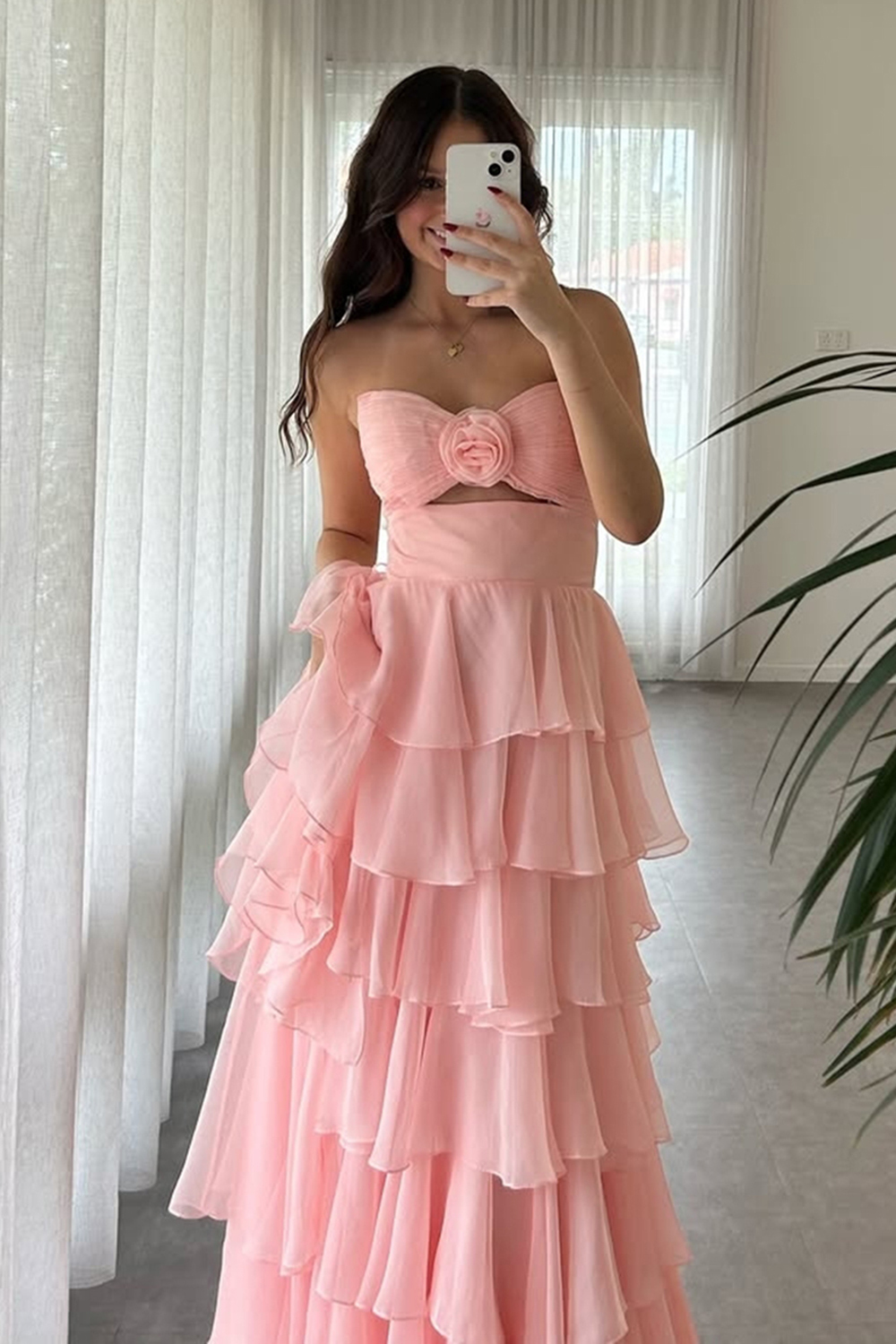 Sweetheart Coral Chiffon Long A-Line Prom Dress Featuring Ruffles and a Slit