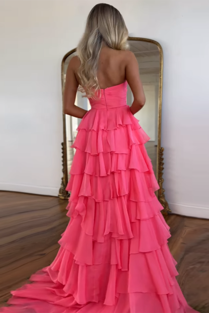 Sweetheart Coral Chiffon Long A-Line Prom Dress Featuring Ruffles and a Slit