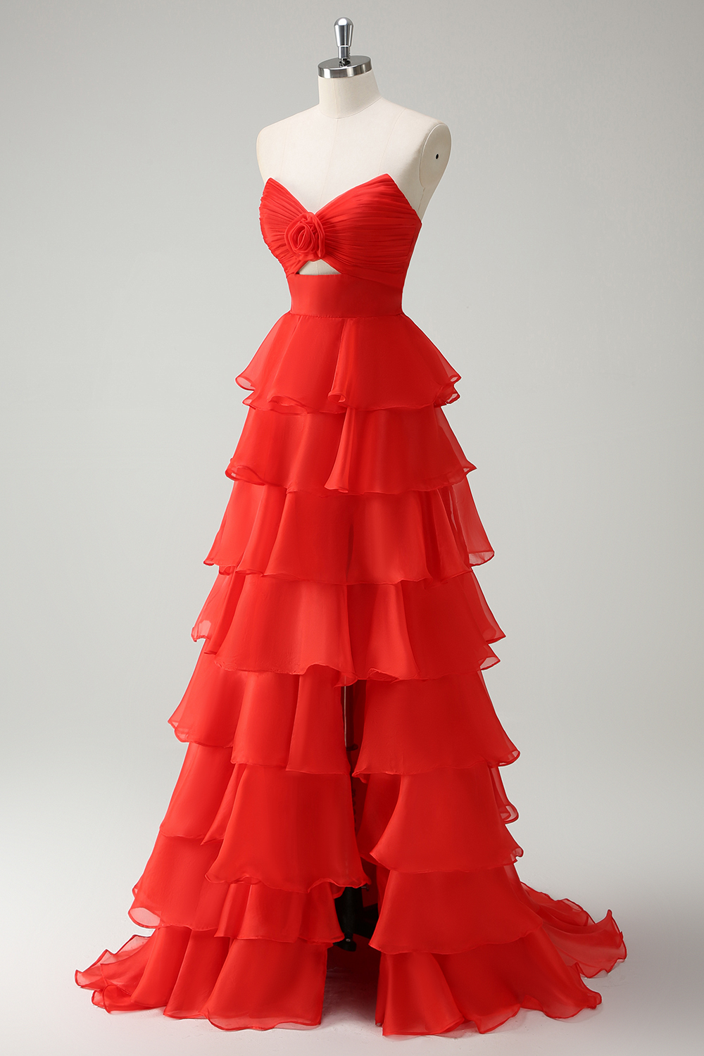 Sweetheart Coral Chiffon Long A-Line Prom Dress Featuring Ruffles and a Slit