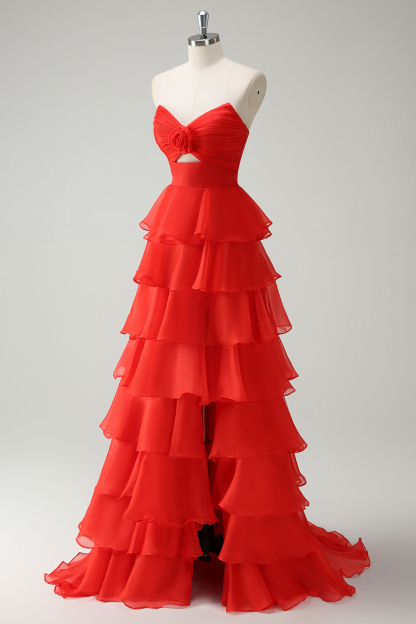 Sweetheart Coral Chiffon Long A-Line Prom Dress Featuring Ruffles and a Slit
