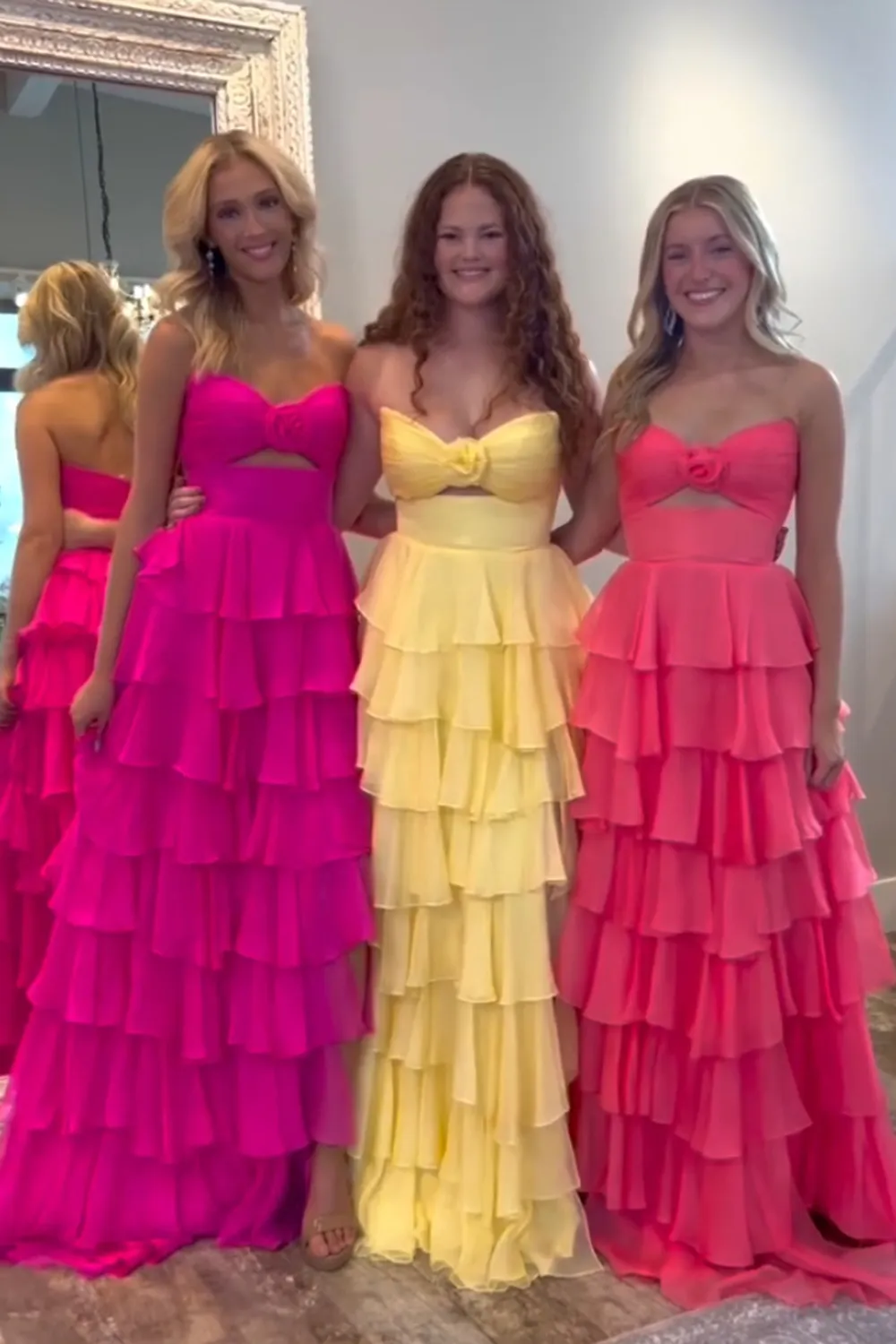 Long A Line Tiered Prom Dress in Blush Chiffon with Slit and Strapless Design