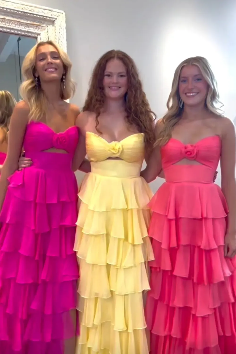 Long A Line Tiered Prom Dress in Blush Chiffon with Slit and Strapless Design