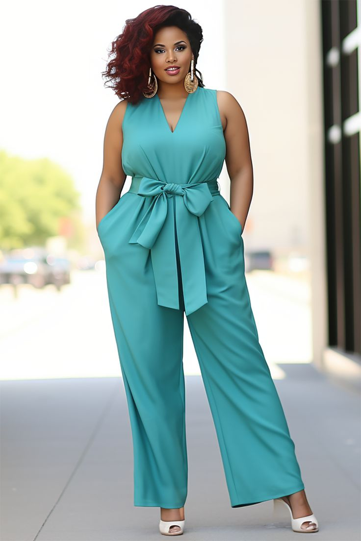 Pool Blue V-Neck Sleeveless Jump Suit With Bow Belt