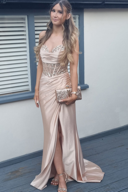 Long Khaki Mermaid Prom Dress with Sparkly Sequins Spaghetti Straps and Satin Corset Featuring a Slit