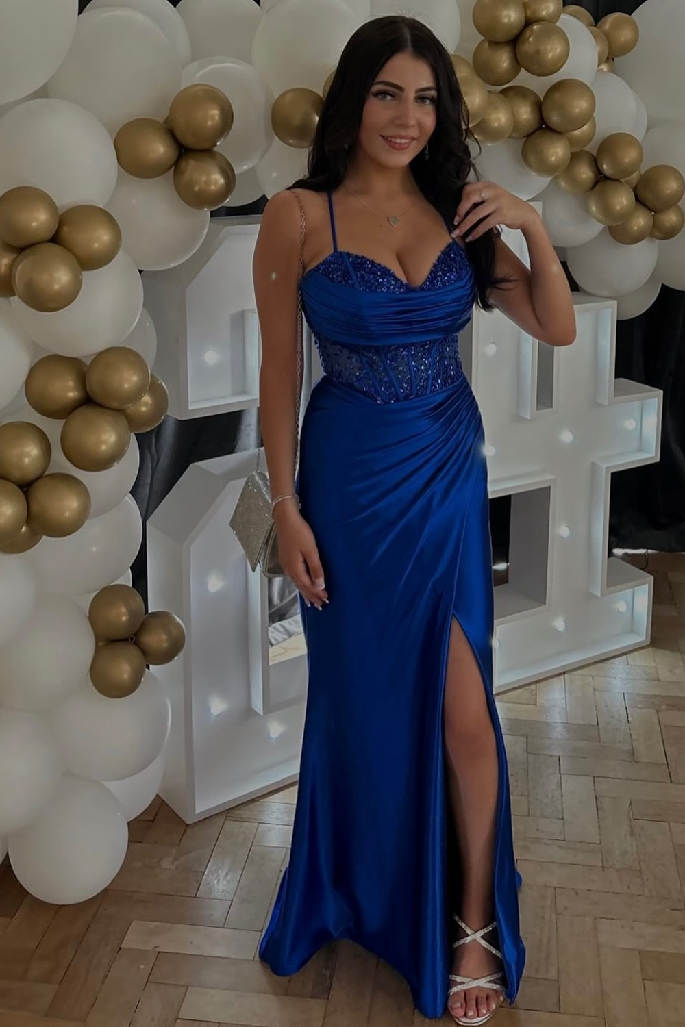 Long Khaki Mermaid Prom Dress with Sparkly Sequins Spaghetti Straps and Satin Corset Featuring a Slit