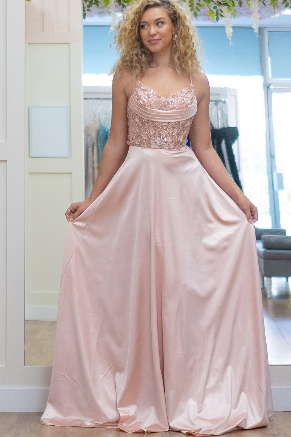 Satin A-Line Long Corset Prom Dress in Pink with Spaghetti Straps and Appliques