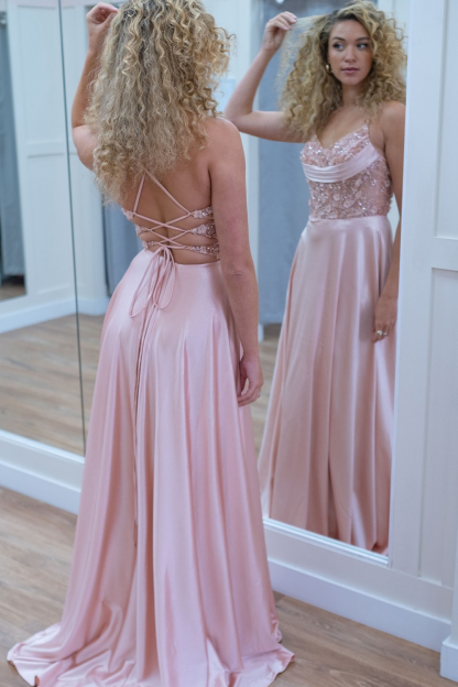 Satin A-Line Long Corset Prom Dress in Pink with Spaghetti Straps and Appliques