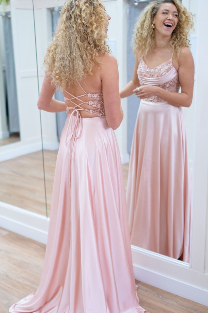 Satin A-Line Long Corset Prom Dress in Pink with Spaghetti Straps and Appliques