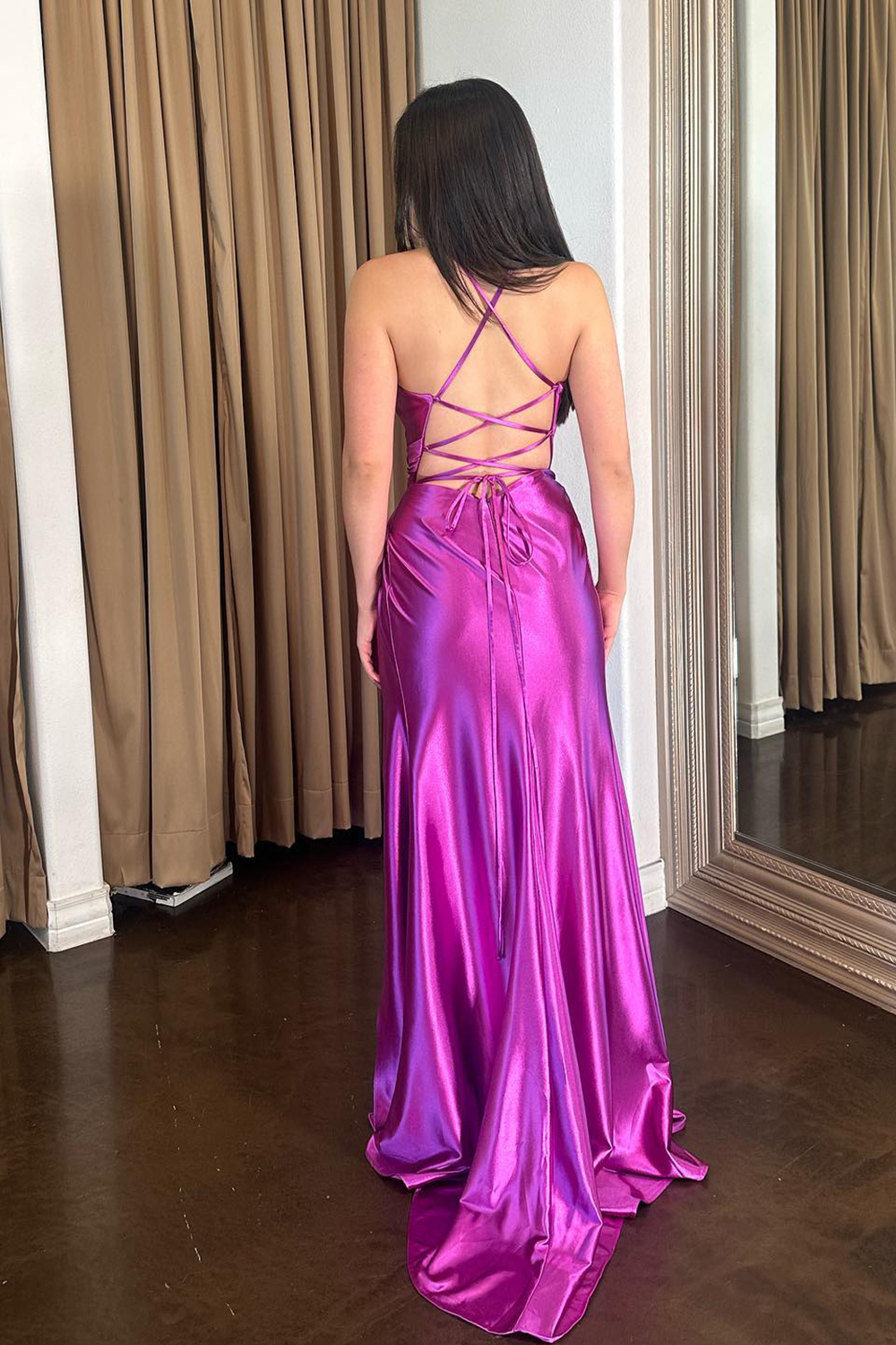 Satin Mermaid Prom Dress with Purple Spaghetti Straps Ruched Design and Long Slit