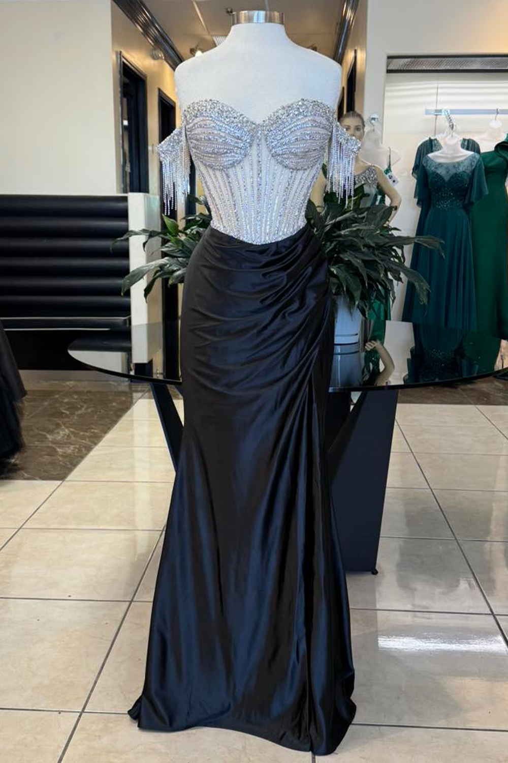 Navy Sparkle Mermaid Corset Prom Dress with Beading Off-Shoulder Satin Gown