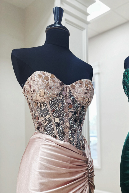 Long Satin Mermaid Prom Dress with Beading in Blush Sweetheart
