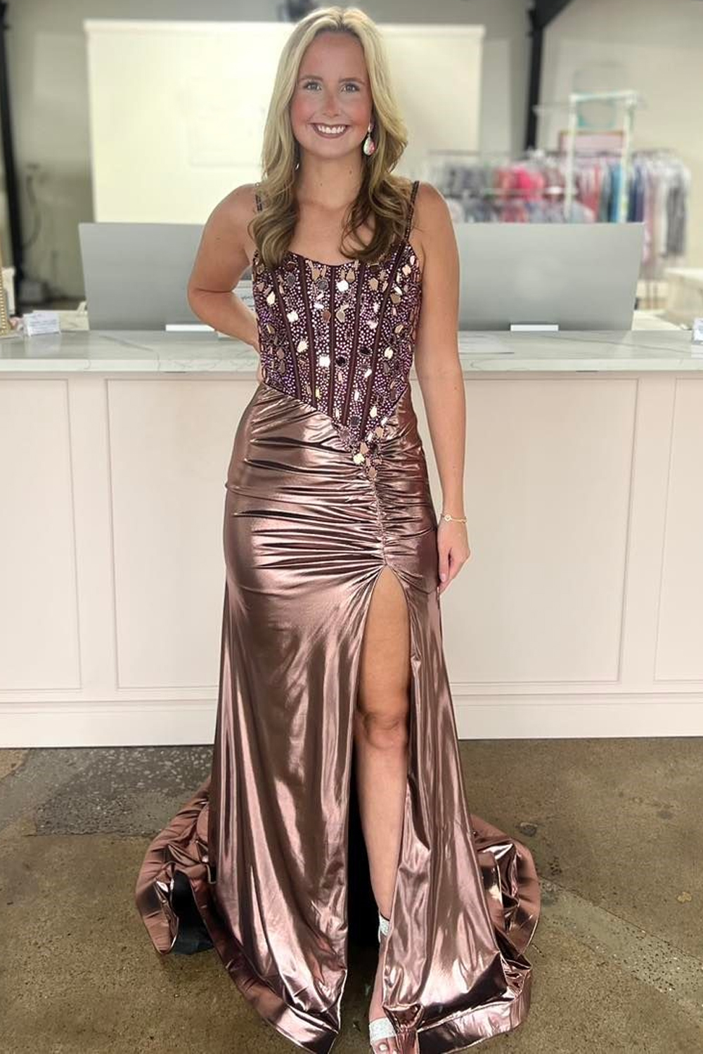 Copper Metallic Glitter Long Mermaid Prom Dress with Beaded Spaghetti Straps