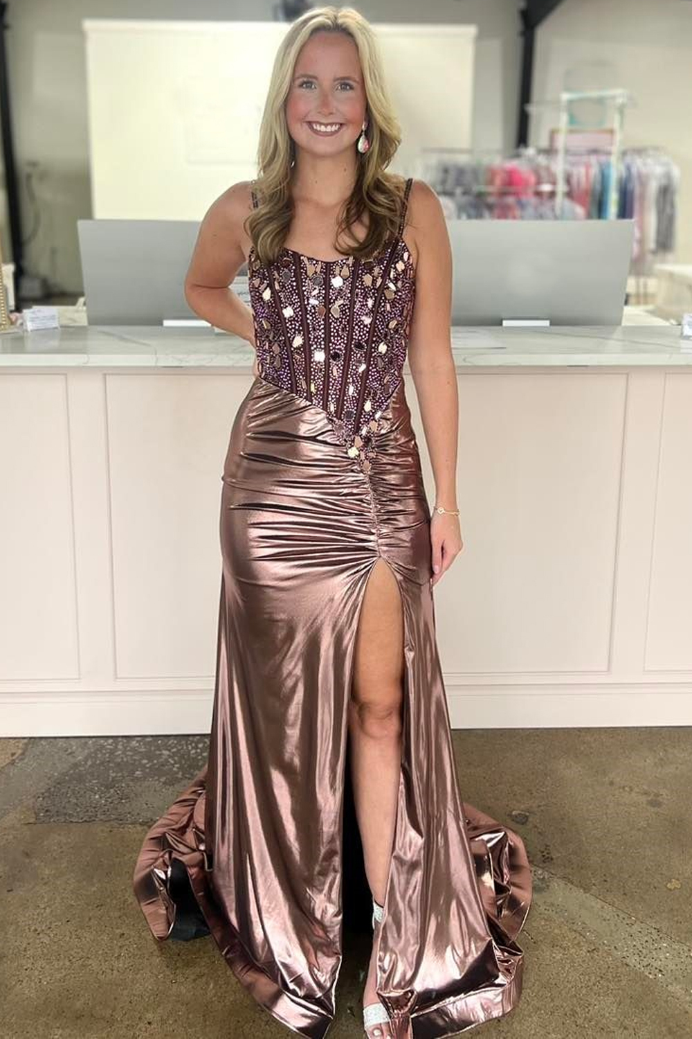 Copper Metallic Glitter Long Mermaid Prom Dress with Beaded Spaghetti Straps