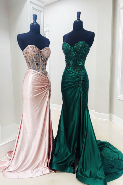 Long Satin Mermaid Prom Dress with Beading in Blush Sweetheart