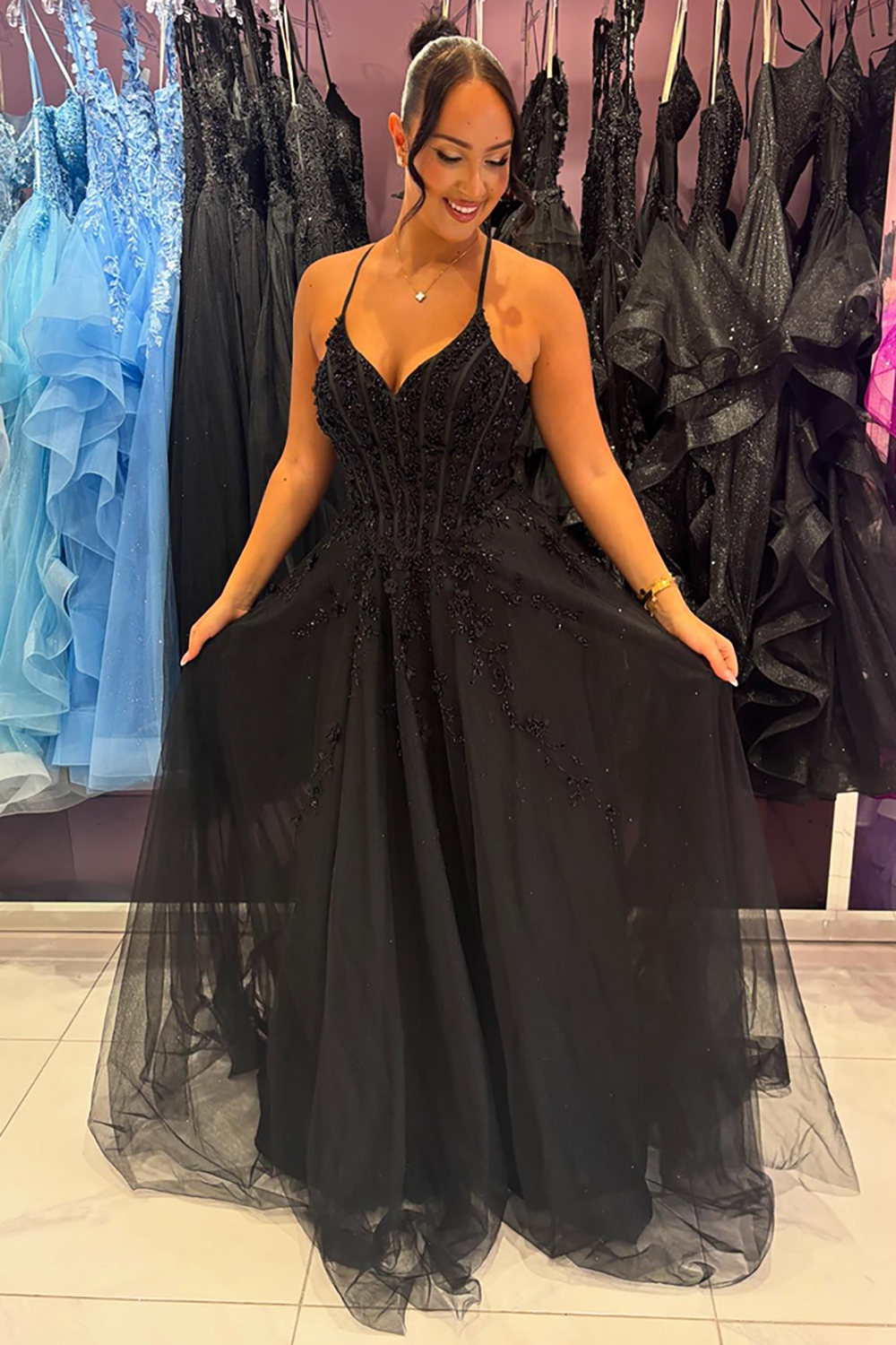 Long A-Line Corset Prom Dress in Black Tulle with Spaghetti Straps and Appliques