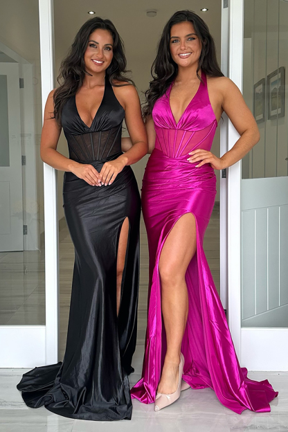 Elegant Royal Blue Mermaid Prom Dress with Halter Neck and Slit in Satin