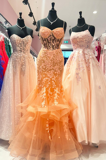 Long Corset Prom Dress with Orange Spaghetti Straps and Tulle Tiered Mermaid Design Featuring Appliques