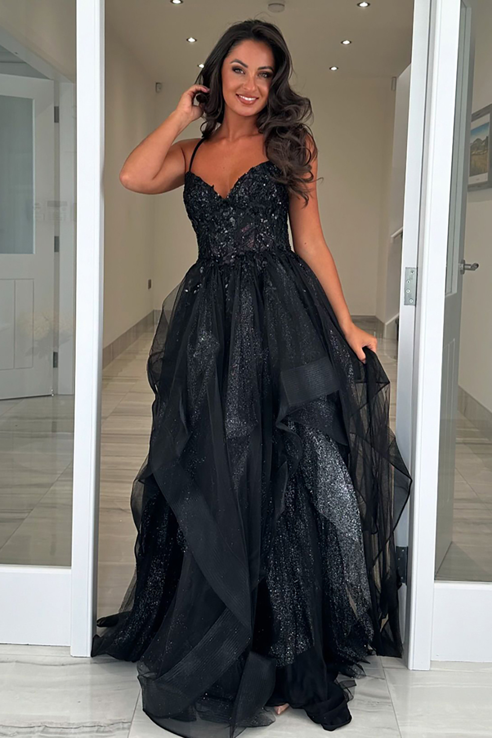 Black Sparkling A-Line Corset Prom Dress with Sequins and Spaghetti Straps