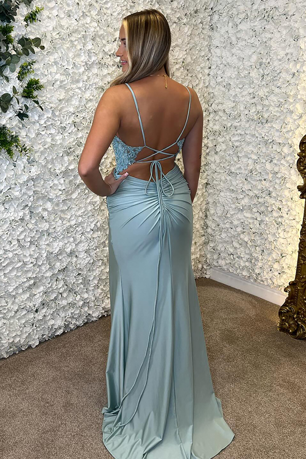 Long Sky Blue Mermaid Prom Dress with Spaghetti Straps Open Back and Slit
