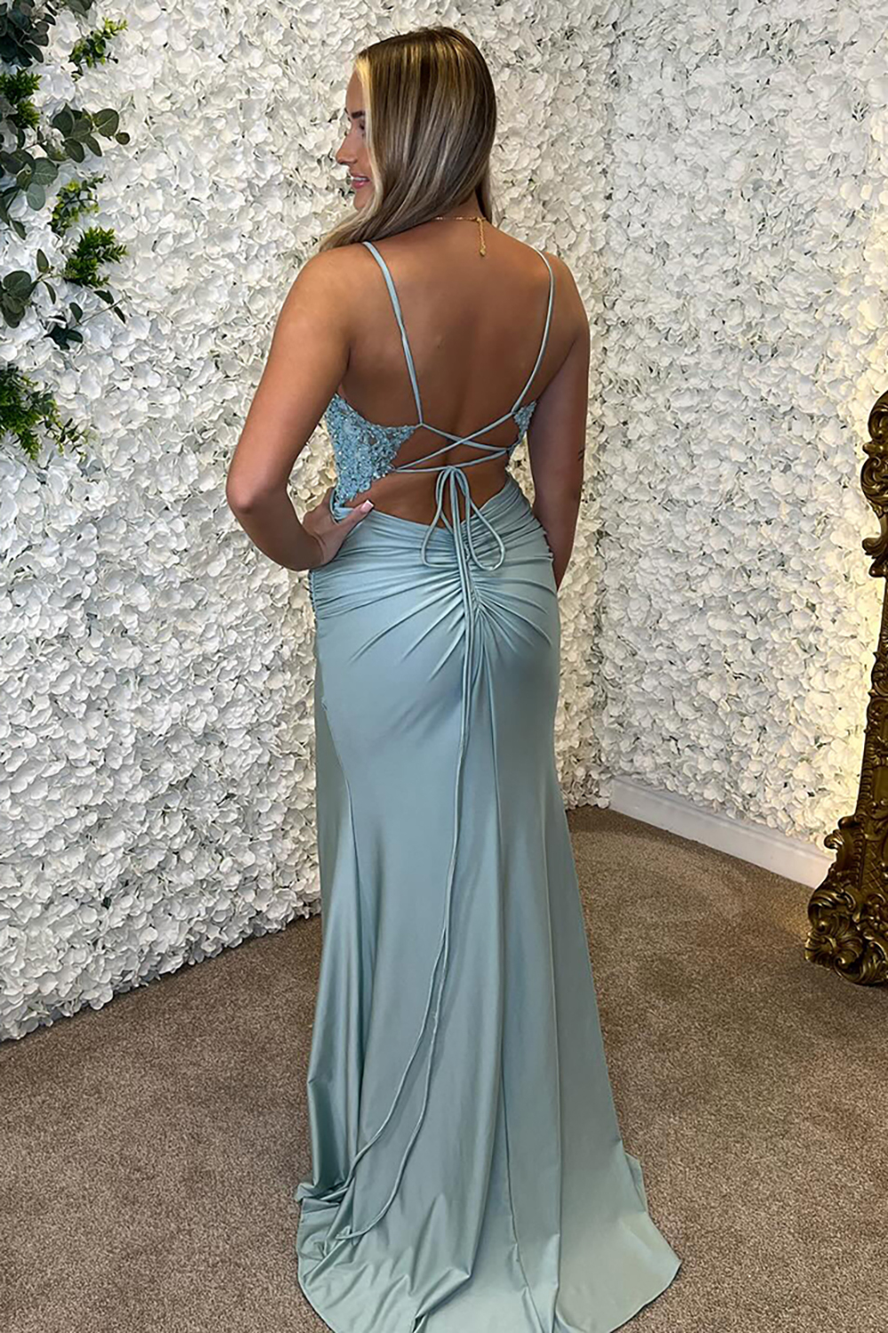 Long Sky Blue Mermaid Prom Dress with Spaghetti Straps Open Back and Slit