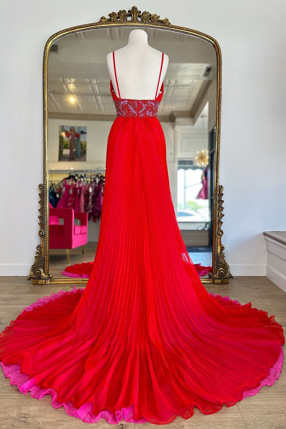 Stylish Red Deep V-Neck Pleated Chiffon A-Line Long Prom Dress with Beading