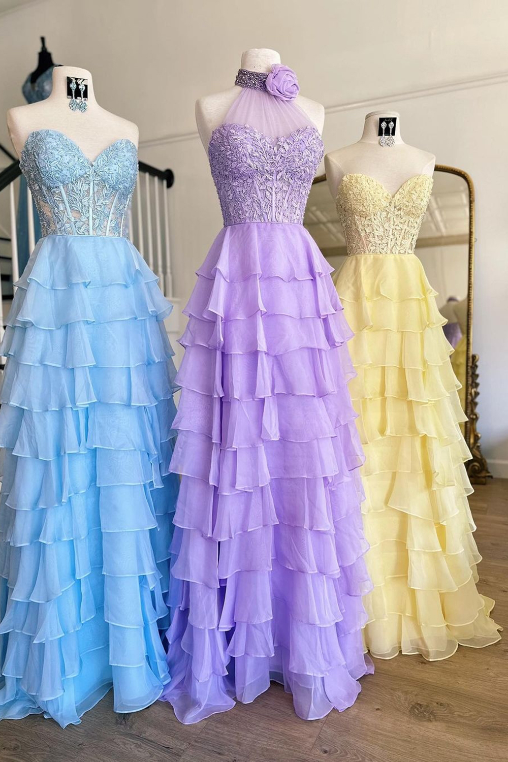 Long Chiffon Corset Prom Dress in Hot Pink with Halter Neck A-Line Cut and Ruffled Appliques