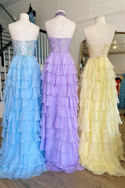 Long Chiffon Corset Prom Dress in Hot Pink with Halter Neck A-Line Cut and Ruffled Appliques