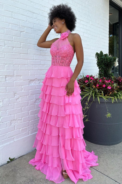 Long Chiffon Corset Prom Dress in Hot Pink with Halter Neck A-Line Cut and Ruffled Appliques