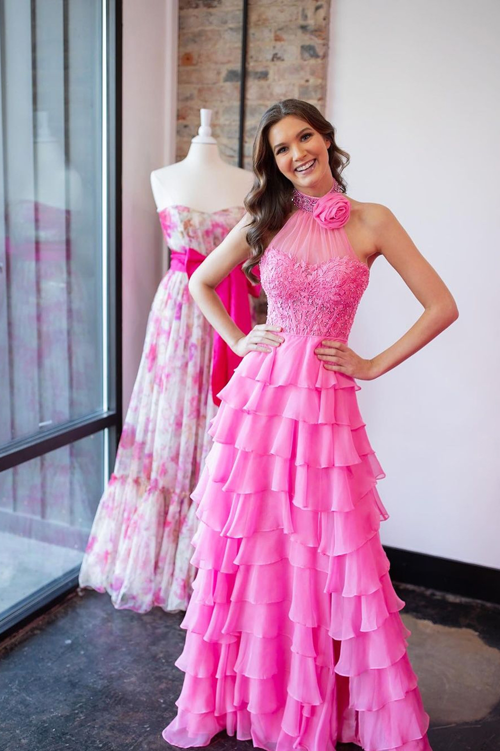 Long Chiffon Corset Prom Dress in Hot Pink with Halter Neck A-Line Cut and Ruffled Appliques