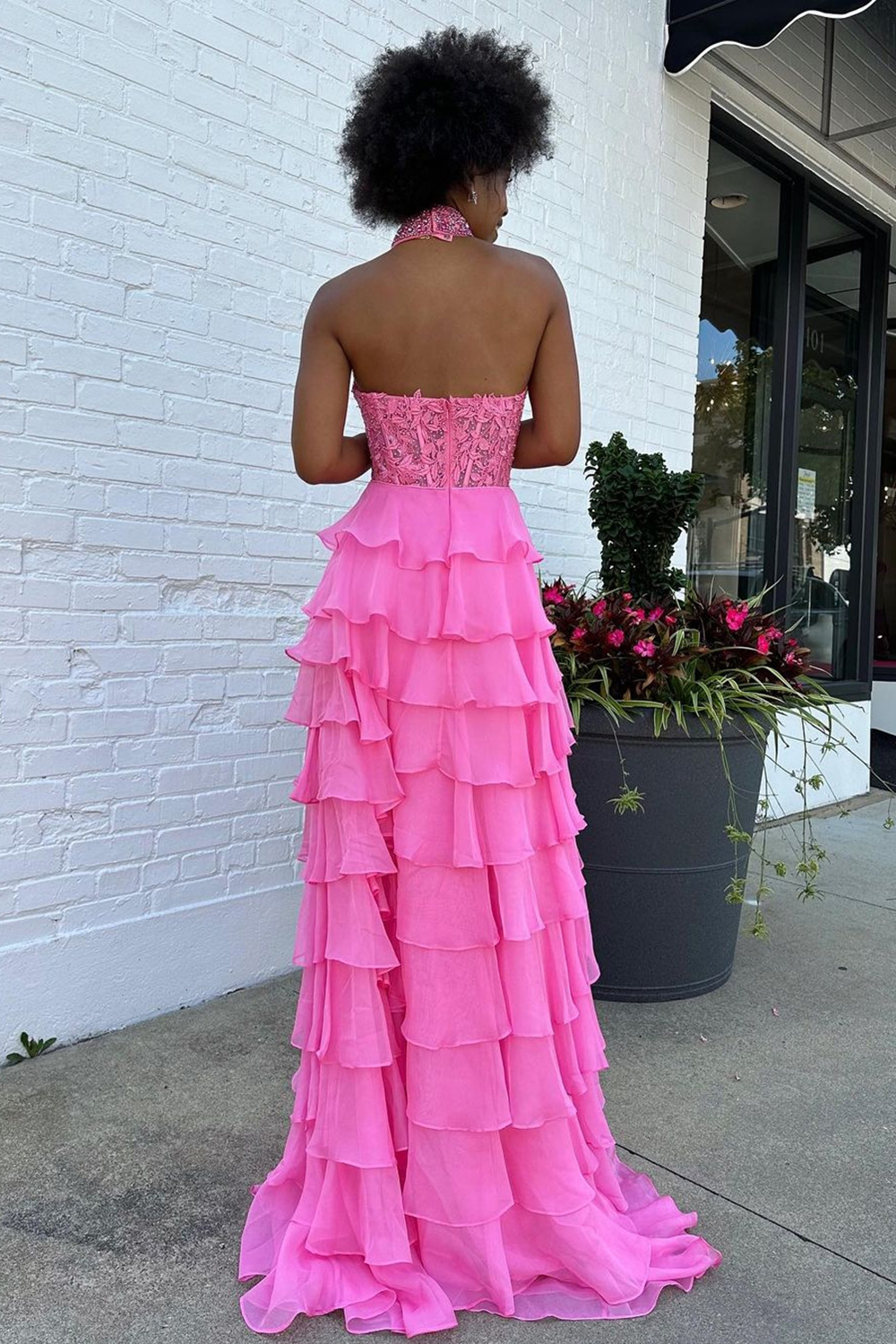 Long Chiffon Corset Prom Dress in Hot Pink with Halter Neck A-Line Cut and Ruffled Appliques