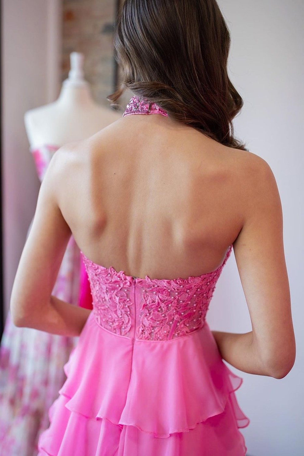 Long Chiffon Corset Prom Dress in Hot Pink with Halter Neck A-Line Cut and Ruffled Appliques