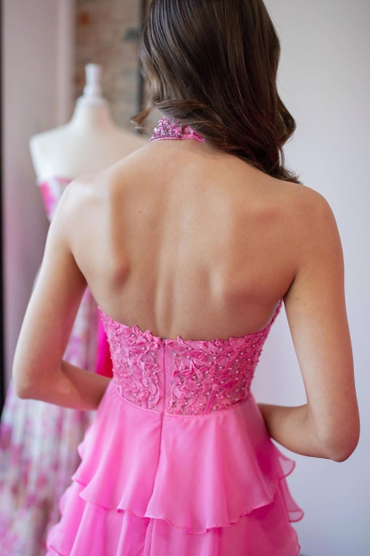 Long Chiffon Corset Prom Dress in Hot Pink with Halter Neck A-Line Cut and Ruffled Appliques