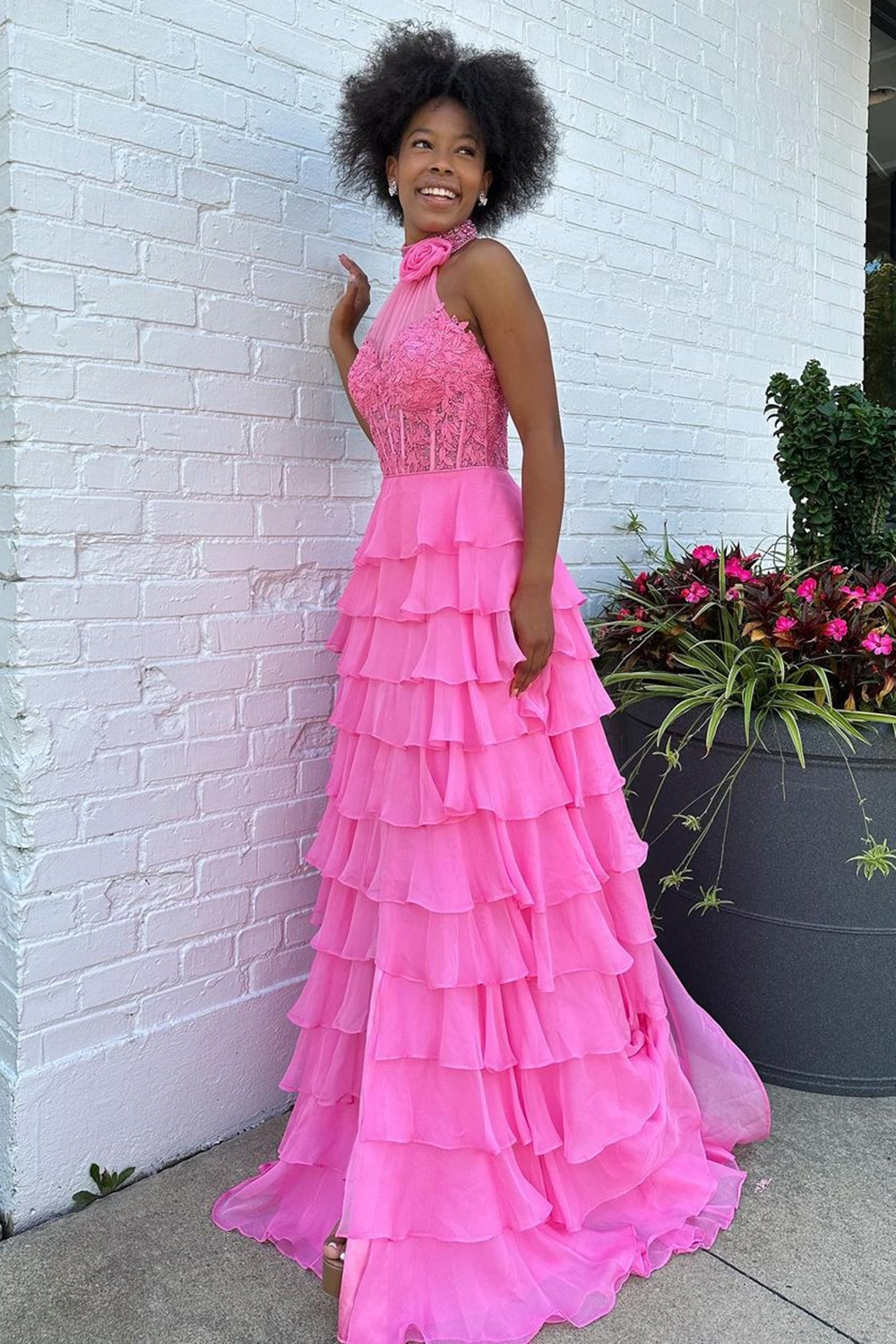 Long Chiffon Corset Prom Dress in Hot Pink with Halter Neck A-Line Cut and Ruffled Appliques
