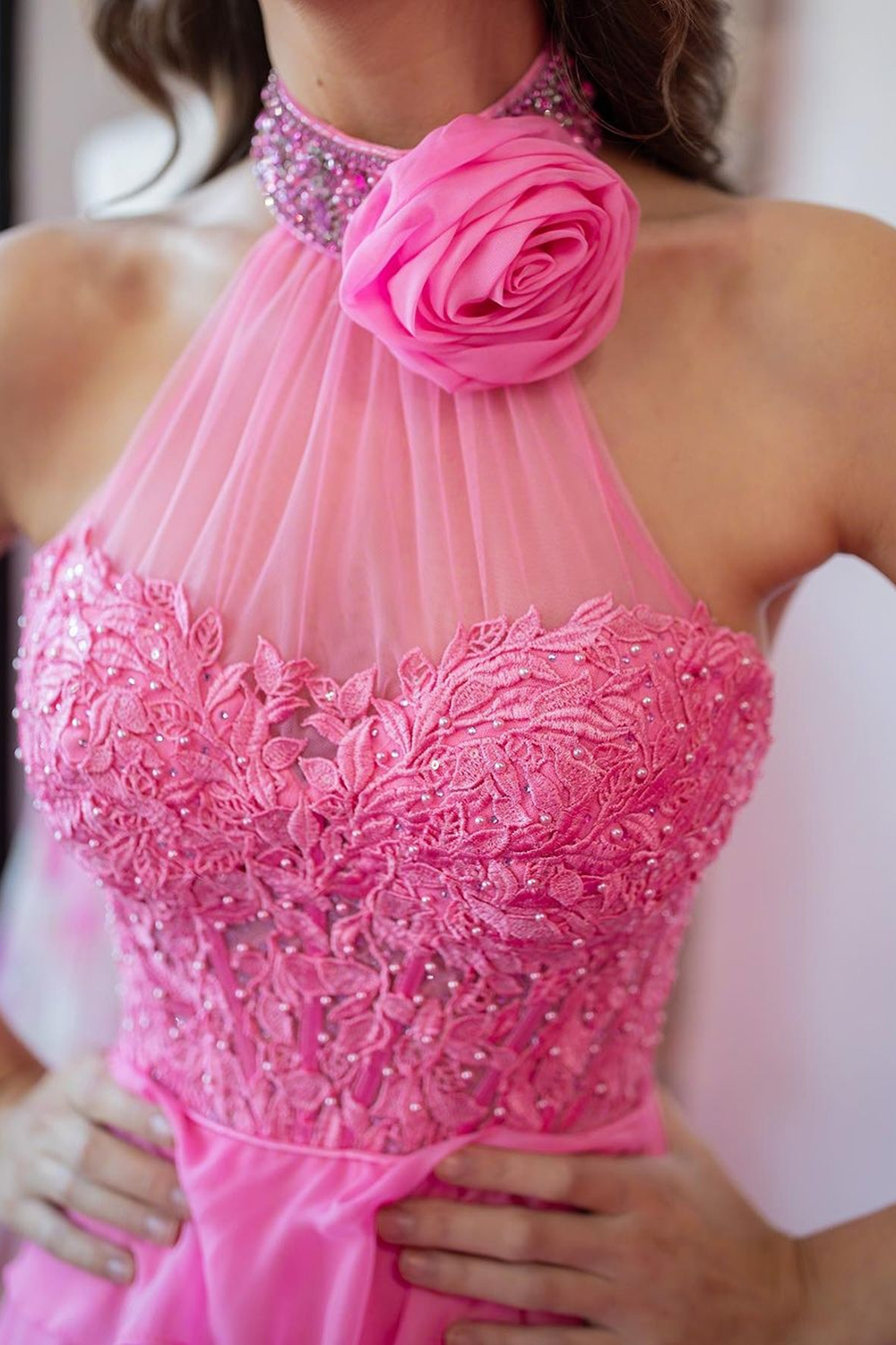 Long Chiffon Corset Prom Dress in Hot Pink with Halter Neck A-Line Cut and Ruffled Appliques
