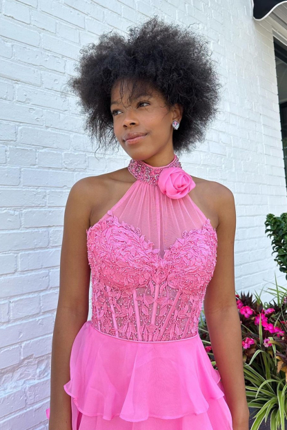 Long Chiffon Corset Prom Dress in Hot Pink with Halter Neck A-Line Cut and Ruffled Appliques