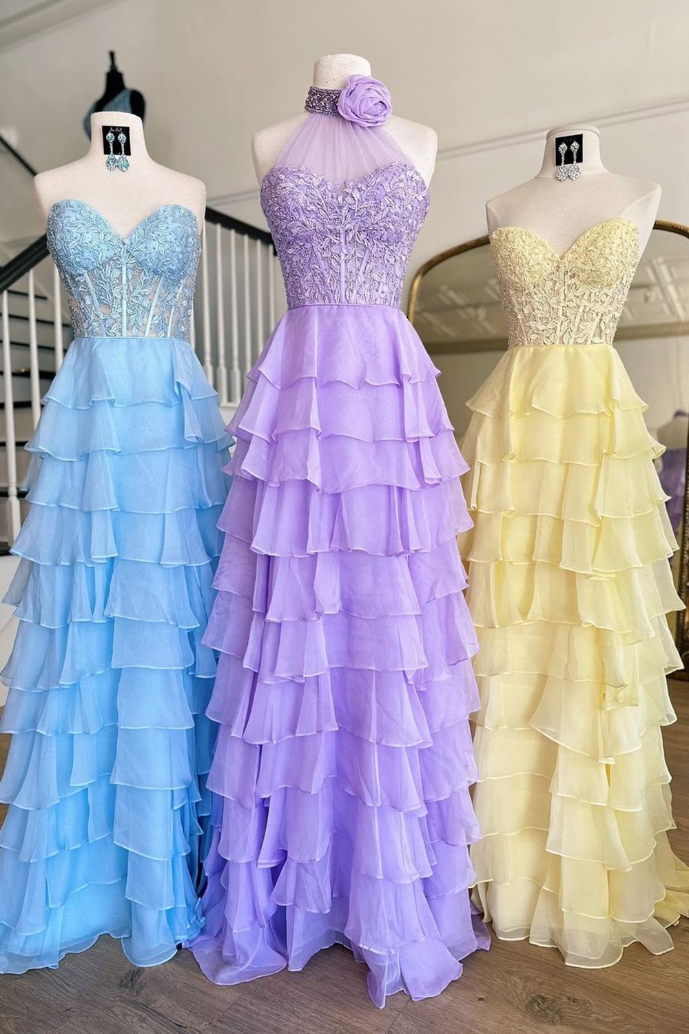 Long Chiffon Corset Prom Dress in Hot Pink with Halter Neck A-Line Cut and Ruffled Appliques