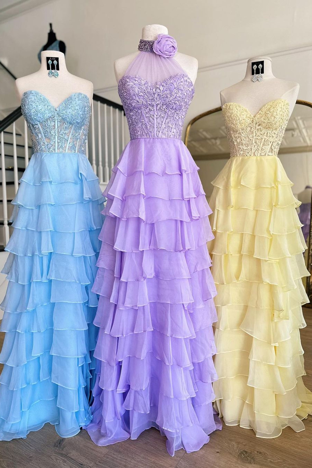 Long Chiffon Corset Prom Dress in Hot Pink with Halter Neck A-Line Cut and Ruffled Appliques
