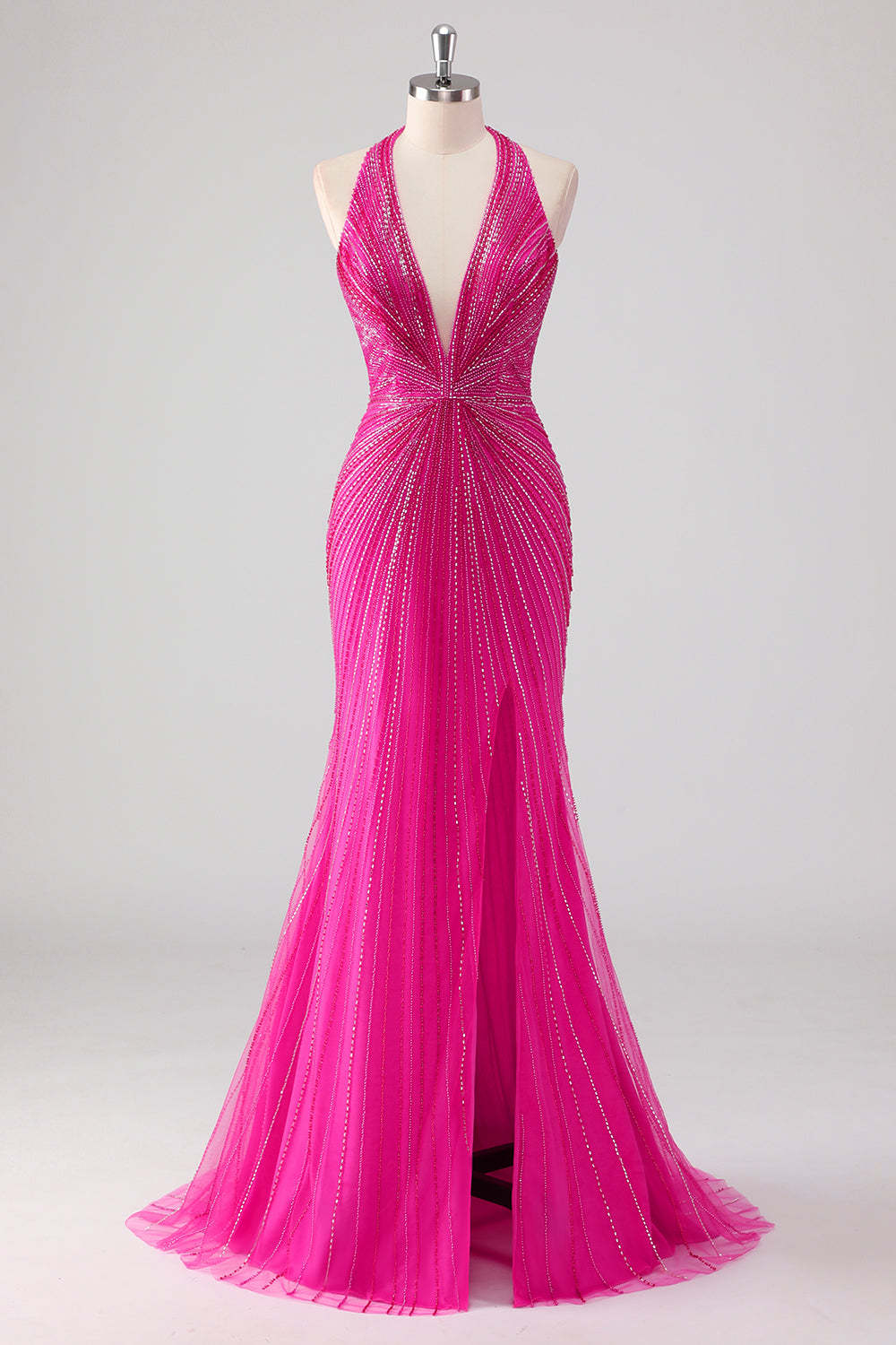 Fuchsia Glitter Beaded Mermaid Prom Dress with Halter Neck and Slit