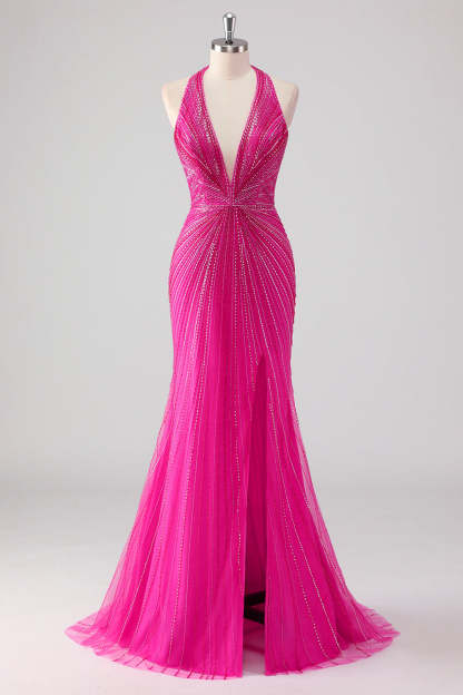 Fuchsia Glitter Beaded Mermaid Prom Dress with Halter Neck and Slit