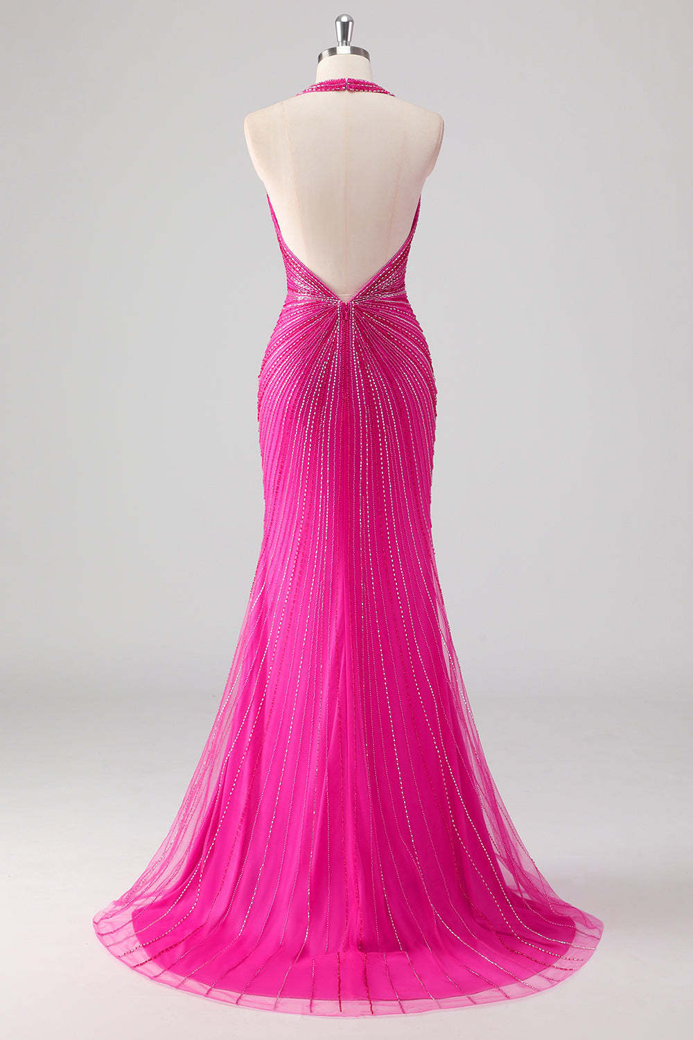 Fuchsia Glitter Beaded Mermaid Prom Dress with Halter Neck and Slit
