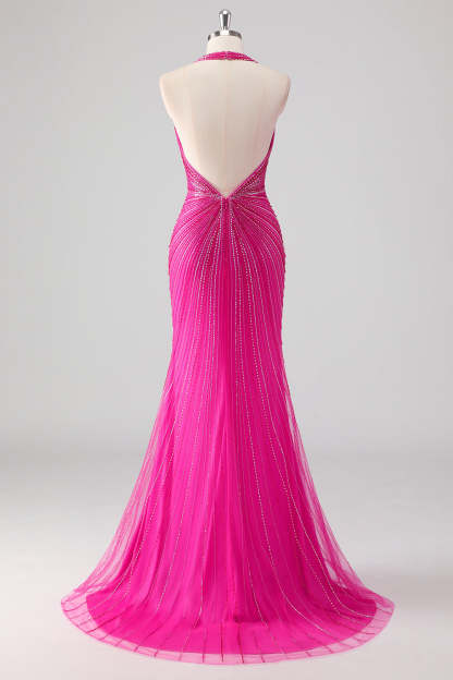 Fuchsia Glitter Beaded Mermaid Prom Dress with Halter Neck and Slit