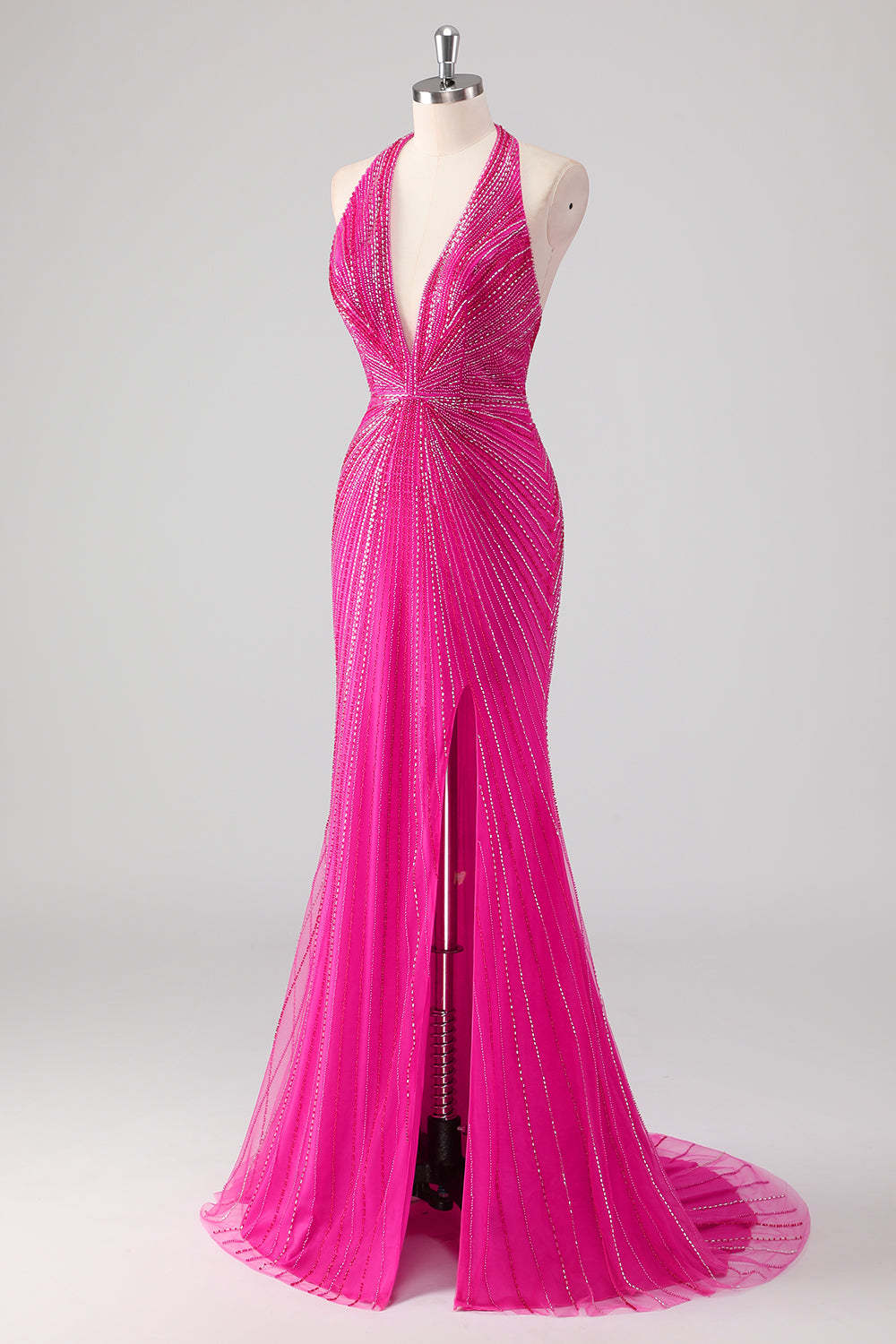 Fuchsia Glitter Beaded Mermaid Prom Dress with Halter Neck and Slit