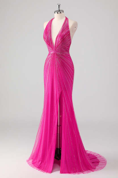 Fuchsia Glitter Beaded Mermaid Prom Dress with Halter Neck and Slit