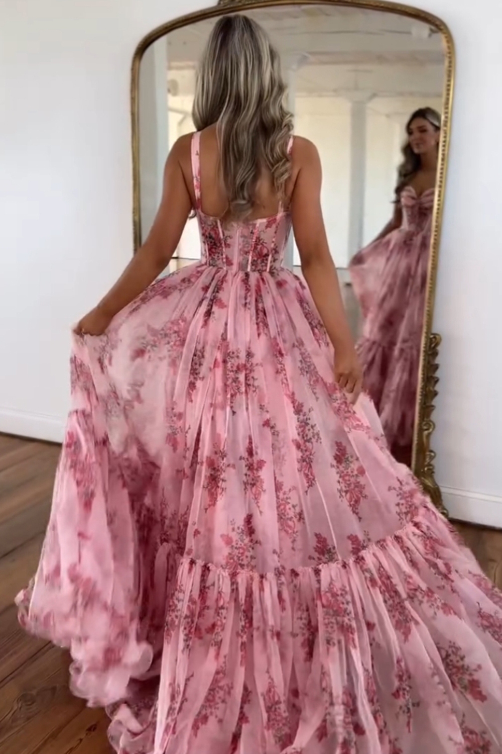 Long A-Line Corset Prom Dress with Blush Floral Print and Spaghetti Straps